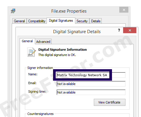 Screenshot of the Matrix Technology Network SA certificate